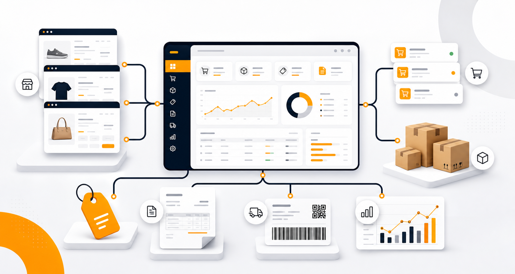 Ilustração de hub de marketplaces integrado ao ERP SI14