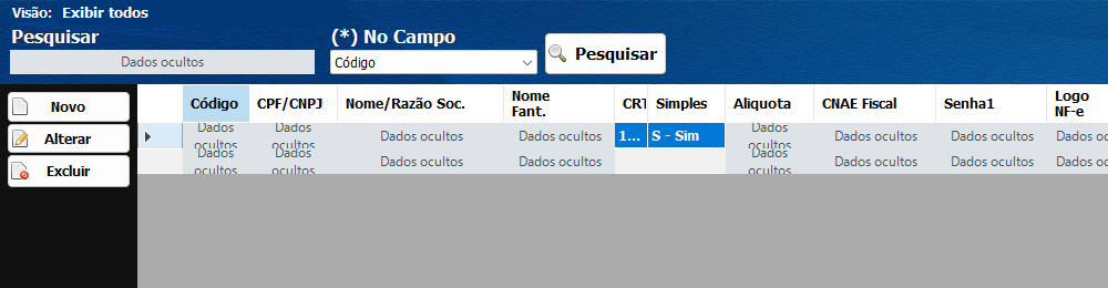 Configurar emitentes e parâmetros fiscais 2 Listagem de emitentes com pesquisa por Código e dados ocultos