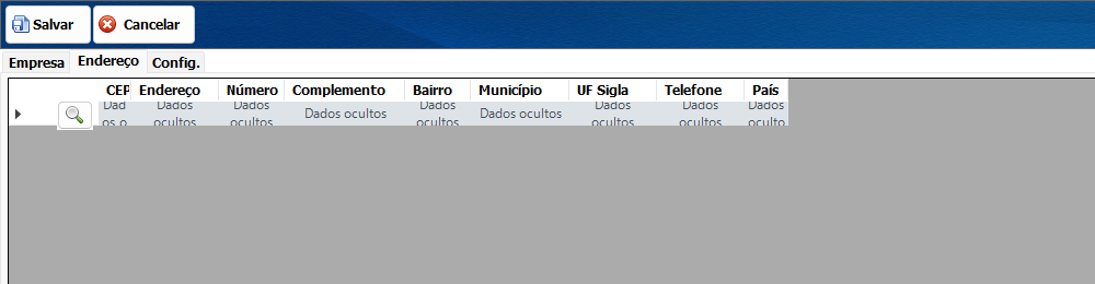 Configurar emitentes e parâmetros fiscais 4 Aba Endereço com colunas de endereço e UF, com dados ocultos