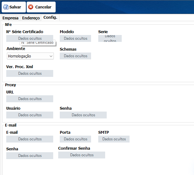 Configurar emitentes e parâmetros fiscais 5 Aba Config. com NF-e, Homologação, Proxy e E-mail, com dados ocultos