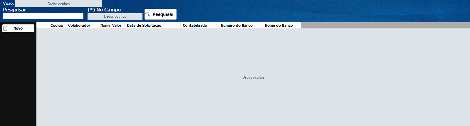 Listagem de adiantamentos financeiros com dados ocultos