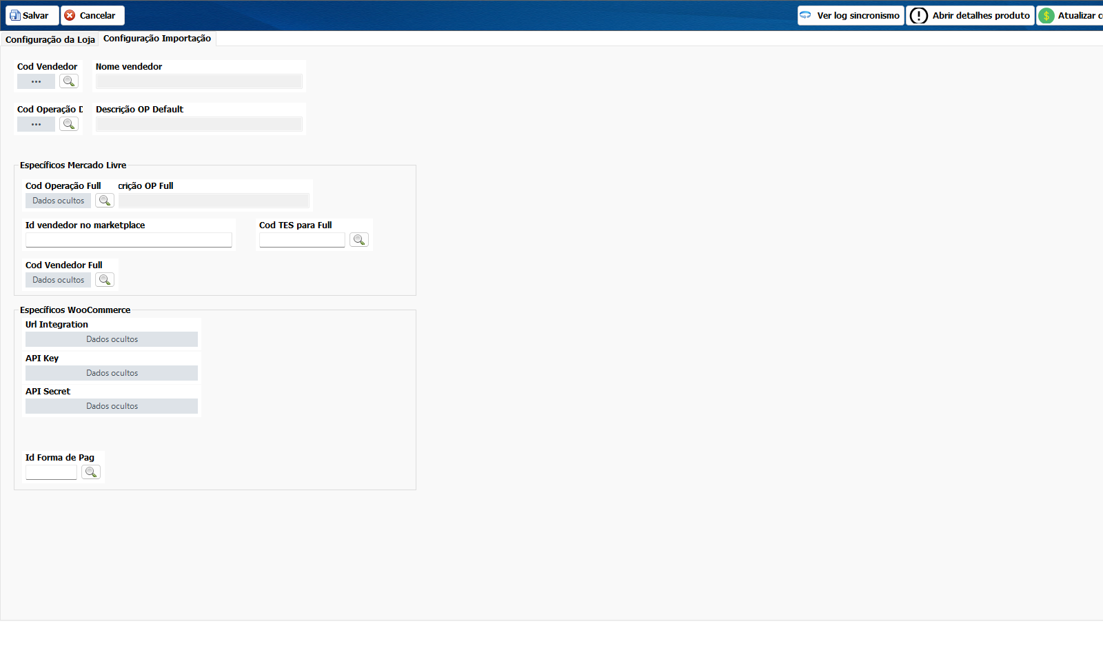 Configuração da integração WooCommerce com os dados de acesso protegidos