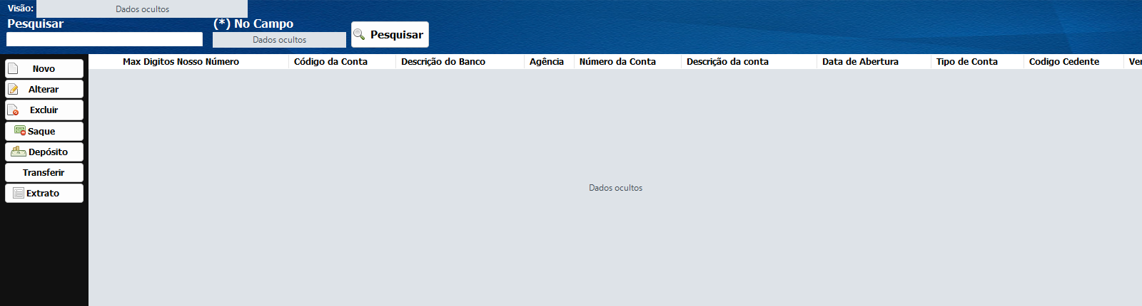 Cadastrar bancos contas caixas e tipos de documento 1 Listagem de contas bancárias com dados ocultos