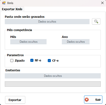 Tela de exportação de XML por competência e emitente, com dados ocultos
