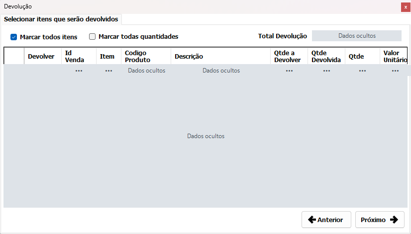 Devolver vendas e compras e conciliar os efeitos 1 Devolver vendas e compras e conciliar os efeitos — tela do Si14 com dados ocultados