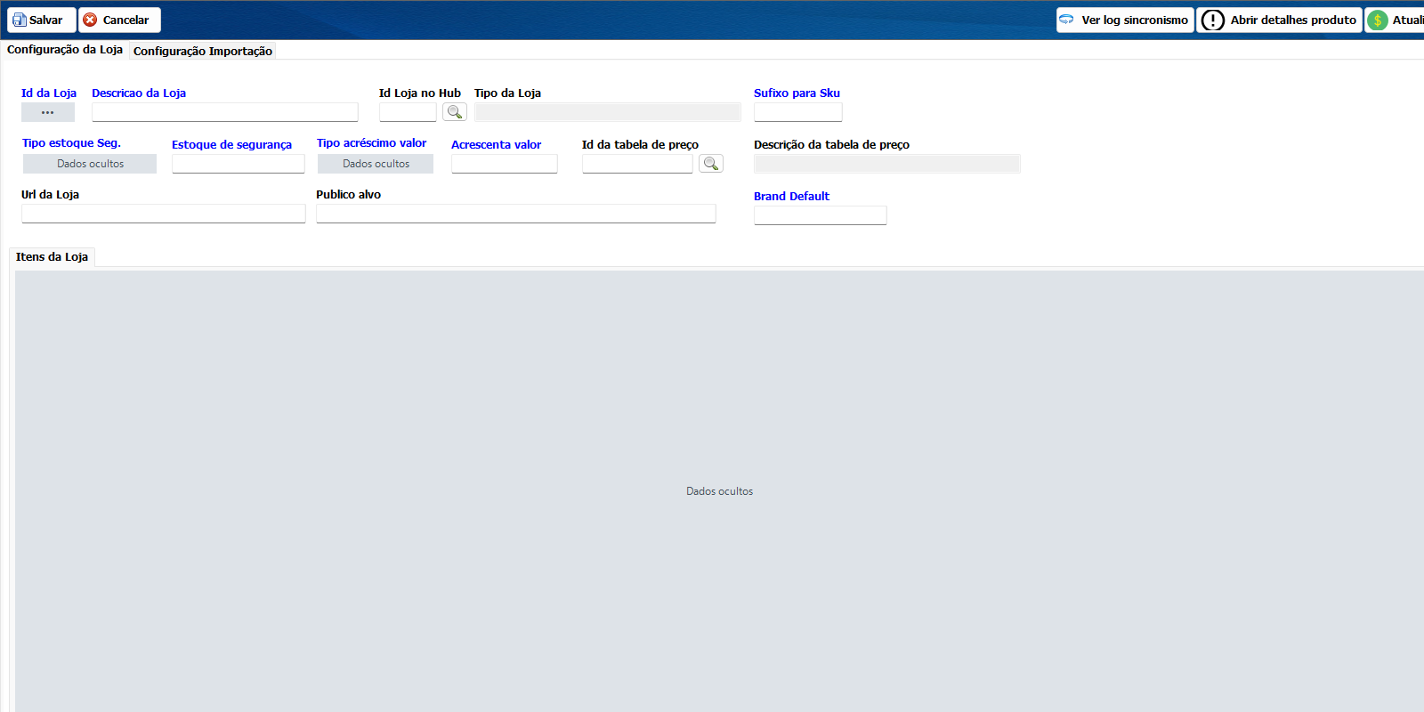 Configuração de loja virtual no Si14 com dados de integração protegidos