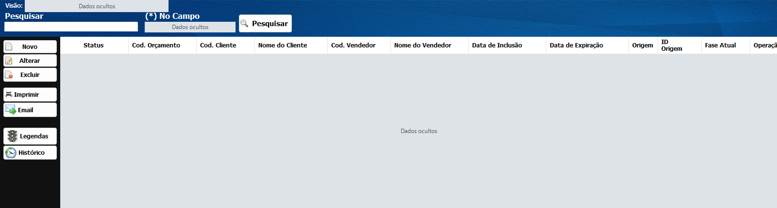 Listagem de orçamentos do Si14 com registros ocultos