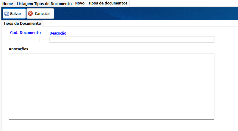 Cadastrar bancos contas caixas e tipos de documento 4 Campos de código, descrição e anotações do tipo de documento