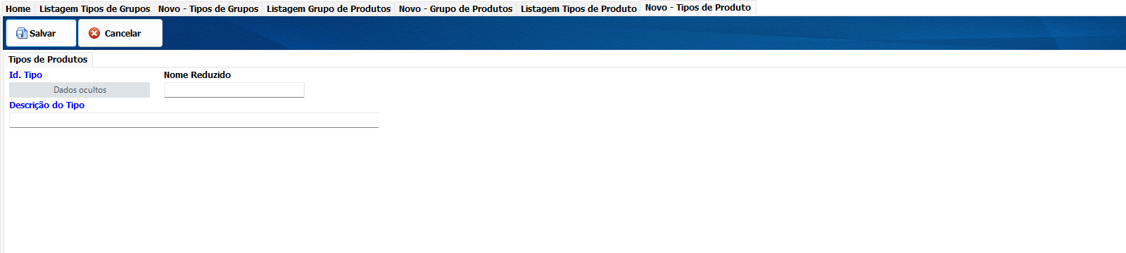 Cadastrar grupos tipos de grupo e tipos de produto 2 Cadastro separado de Tipos de Produto no Si14