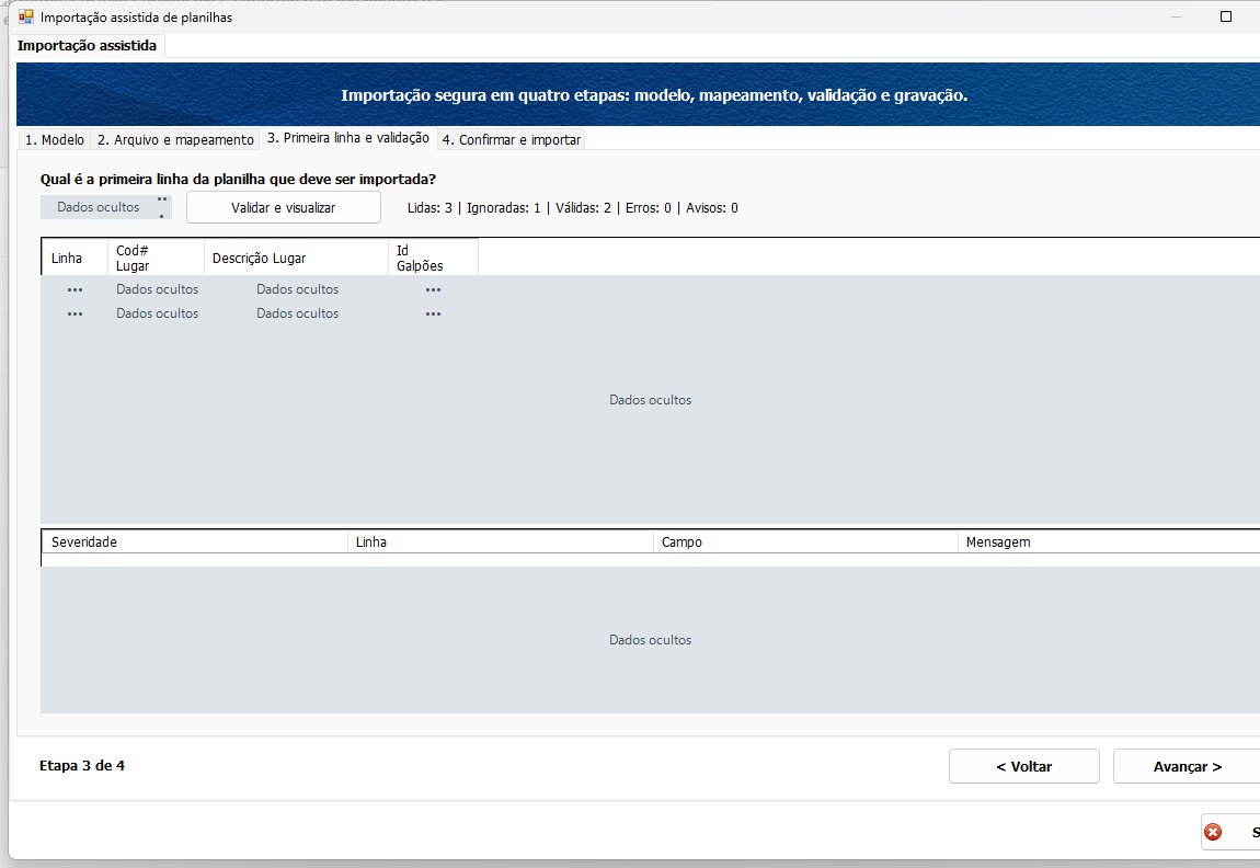 Importar planilhas com validação e auditoria 3 Importar planilhas com validação e auditoria — tela do Si14 com dados ocultados