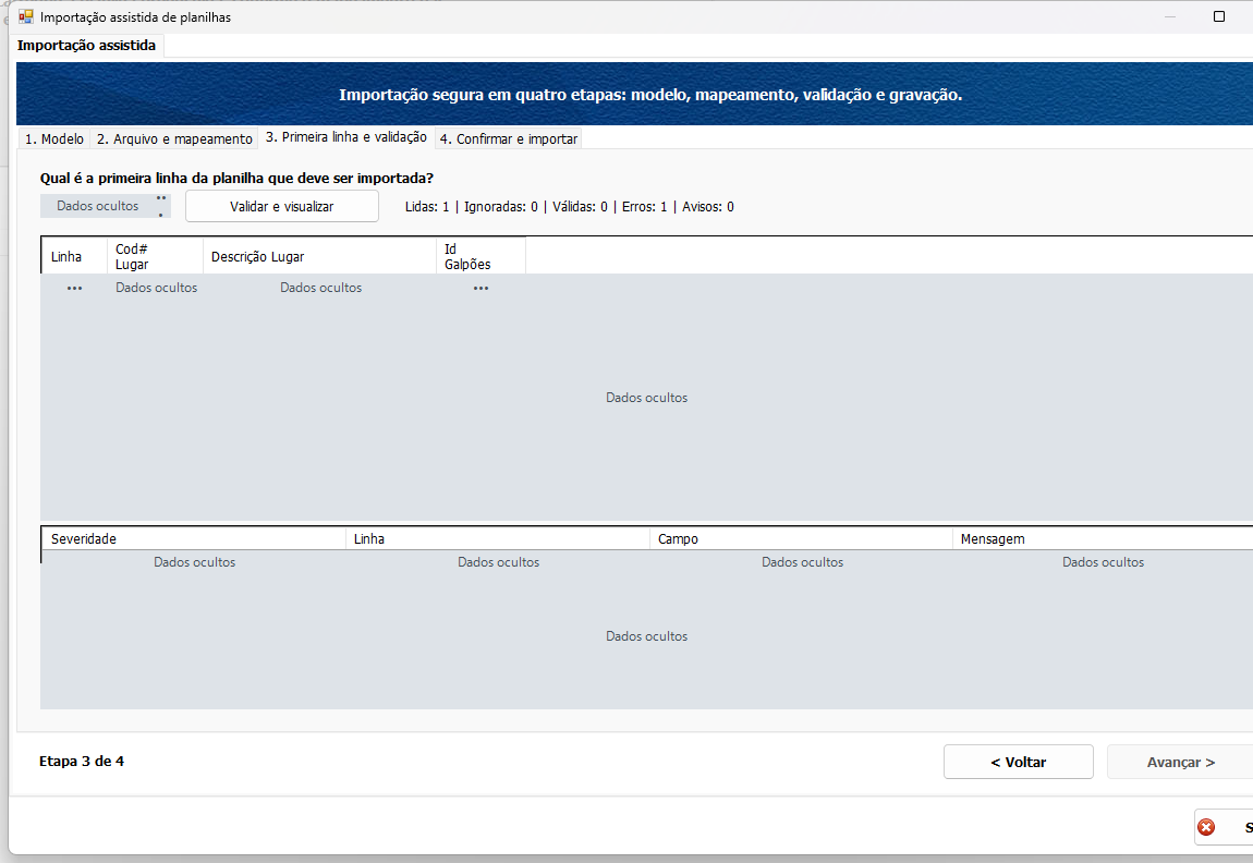 Importar planilhas com validação e auditoria 2 Importar planilhas com validação e auditoria — tela do Si14 com dados ocultados